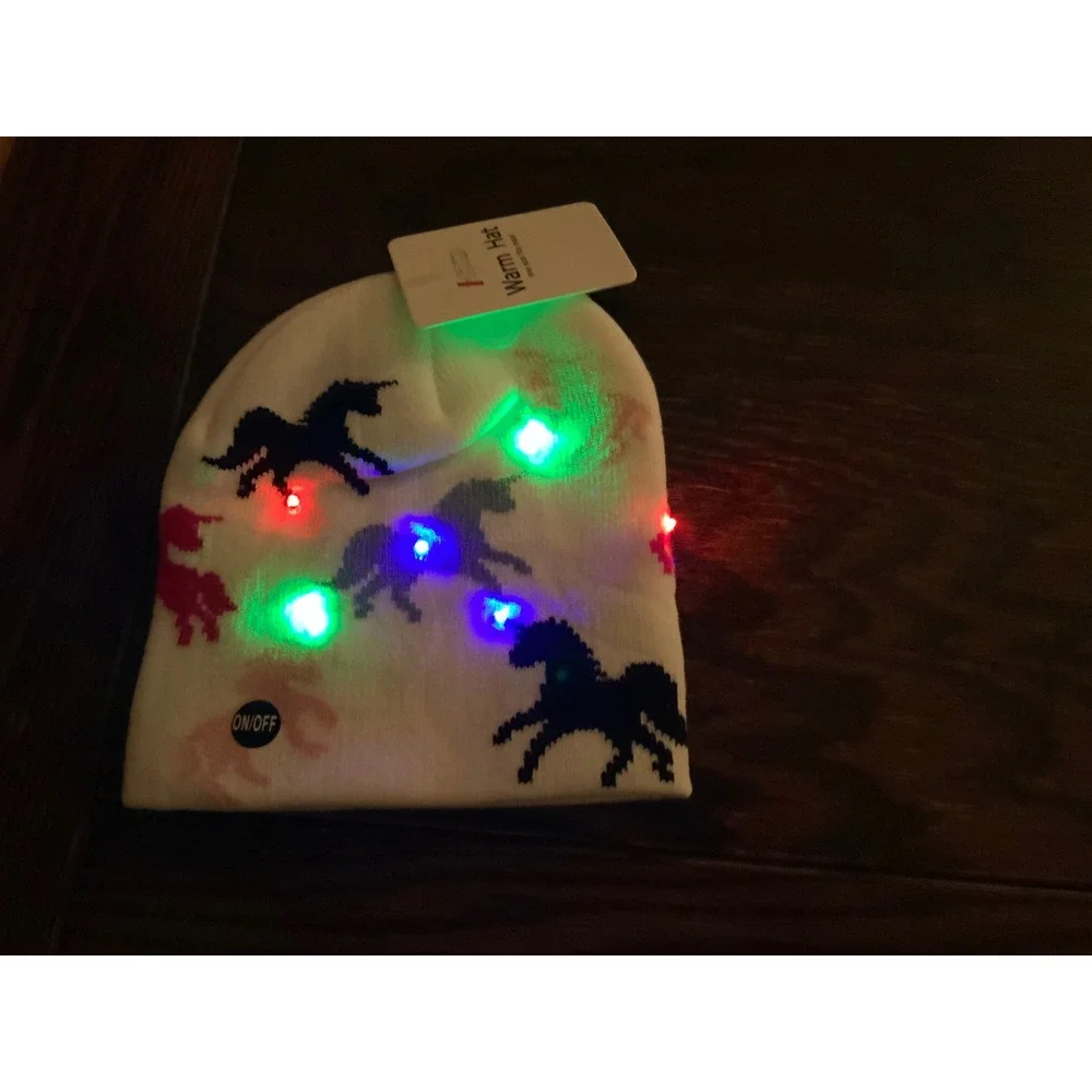 Girls Pony Beanie Hat with LED Lights White Warm Winter Cap Fun Design‎